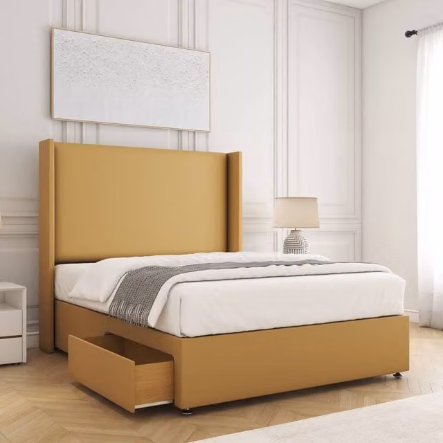 BSSPOKE Austin Super King Divan Bed Set with 2 Drawers, 54 inch Headboard and Mattress in Mustard Yellow Plush Velvet