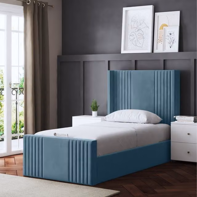 DS Living Elara Winged Ottoman Panel Bed with Headboard in Blue Velvet, W/D/H: 140 x 200 cm