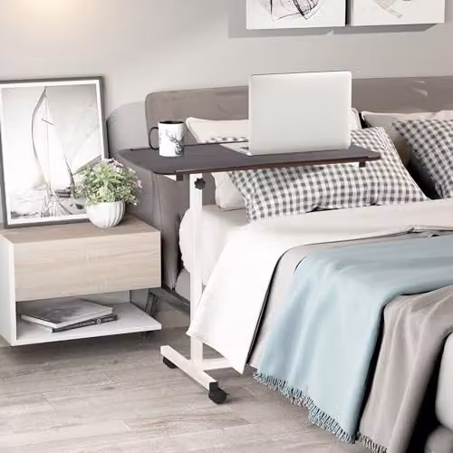 HOMCOM Height Adjustable C-Shaped Overbed Table with Castors, Brown – 2