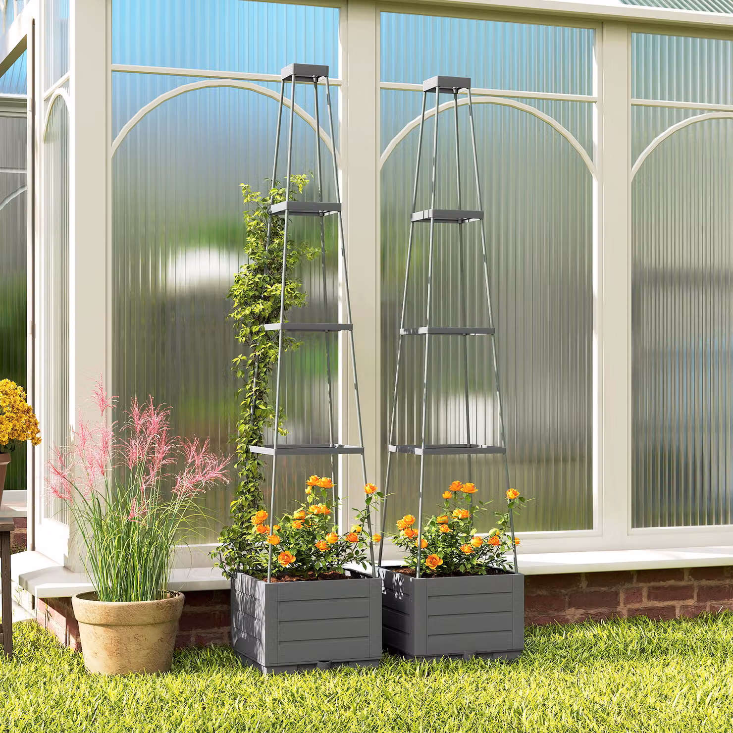 Outsunny 2 Pack Grey Plastic Raised Garden Beds with Trellis and Removable Drainage Trays, W/D/H: 140 x 28 x 40 cm – 6