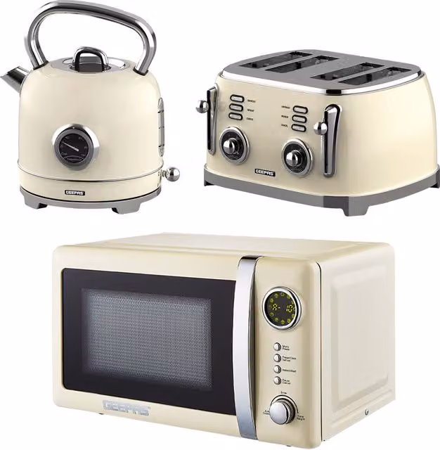 Geepas Retrovive Kitchen Combo Set including 1.8L Electric Kettle, 4 Slice Toaster and 20L Digital Microwave in Beige – 1