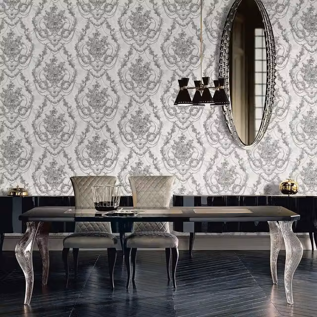 Debona Perla Silver Floral Damask Botanical Washable Vinyl Wallpaper Roll