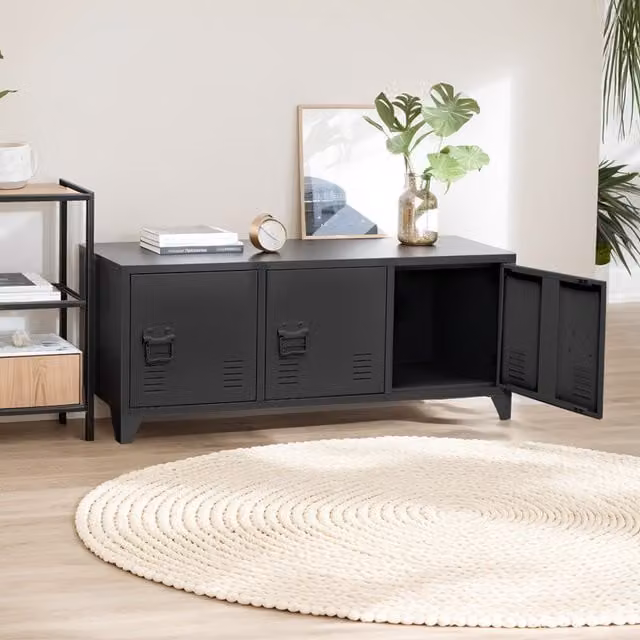 Livingandhome Matt Black Metal Freestanding Storage Cabinet with 3 Doors