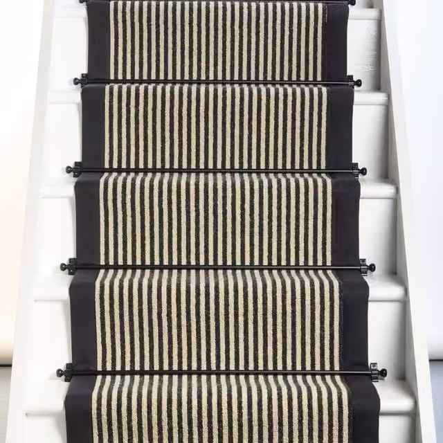 RainbowHome Mayfair Wool Stair Runner with Black Cotton Border, White and Black Striped, W: 50 cm, L: 650 cm – 1