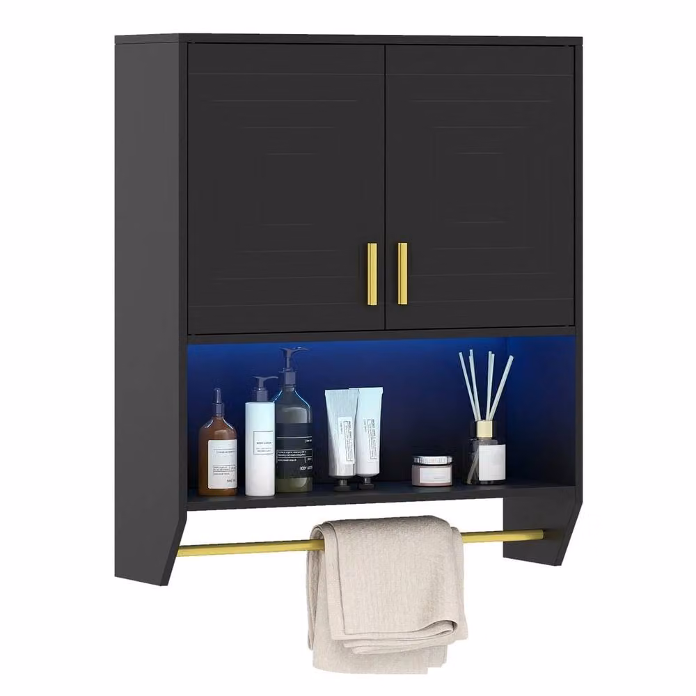 VOGREX Matt Black Wall Mounted Bathroom Cabinet with Hinged Doors, Adjustable Internal Shelves and Hanging Rod, H: 71.5 cm x W: 60 cm x D: 20 cm – 4