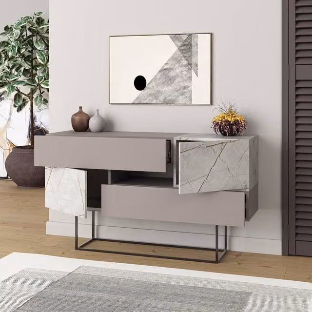Decortie Eros Modern Console Sideboard with Cupboards and Soft Close Drawers in Beige Matt – 1