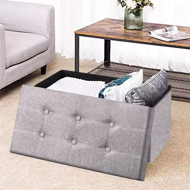 Nordara Grey Folding Ottoman Storage Pouffe Stool with Linen Seat – 1