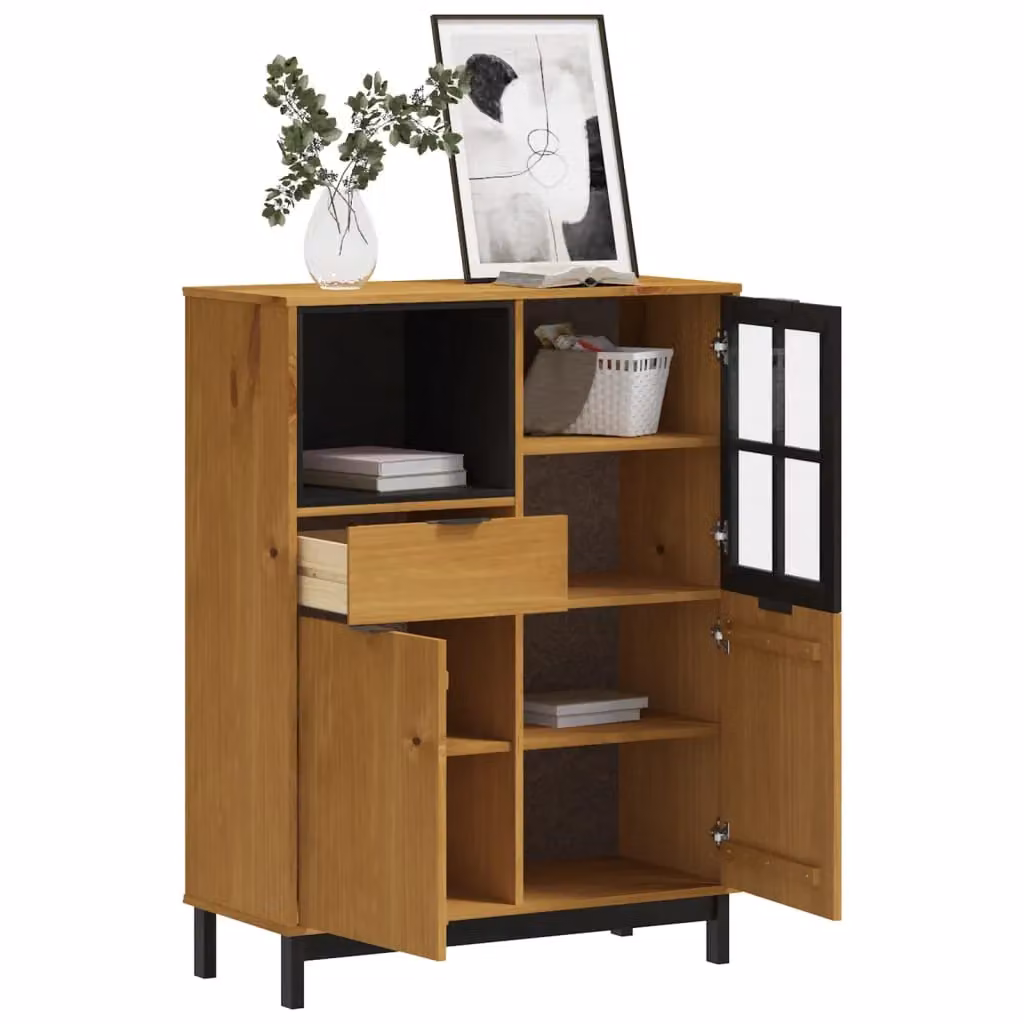 Berkfield Home FLAM Highboard with Glass Doors in Brown Solid Pine Wood, W/D/H: 92 x 40 x 122.5 cm – 3