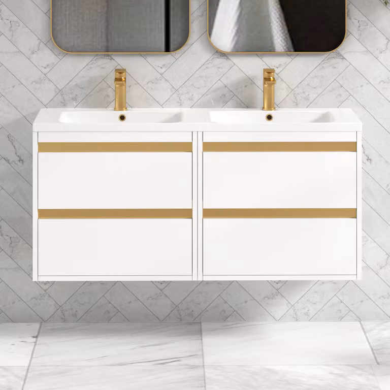 Royal Bathrooms Orion 1200 Matt White 4 Drawer Wall Hung Vanity Unit with Ceramic Basin and Brushed Brass Accent Trim