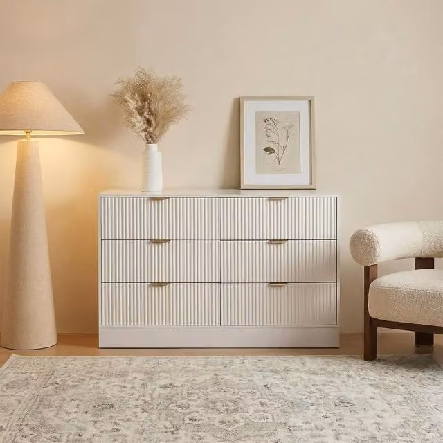 OHS Solid Ribbed 6 Drawer Chest of Drawers Cabinet Sideboard Storage Unit in Cream