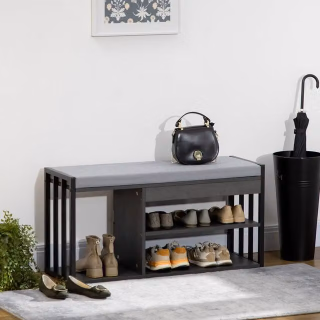 HOMCOM Modern Grey Entryway Shoe Storage Bench with Fabric Cushion and Metal Shelves