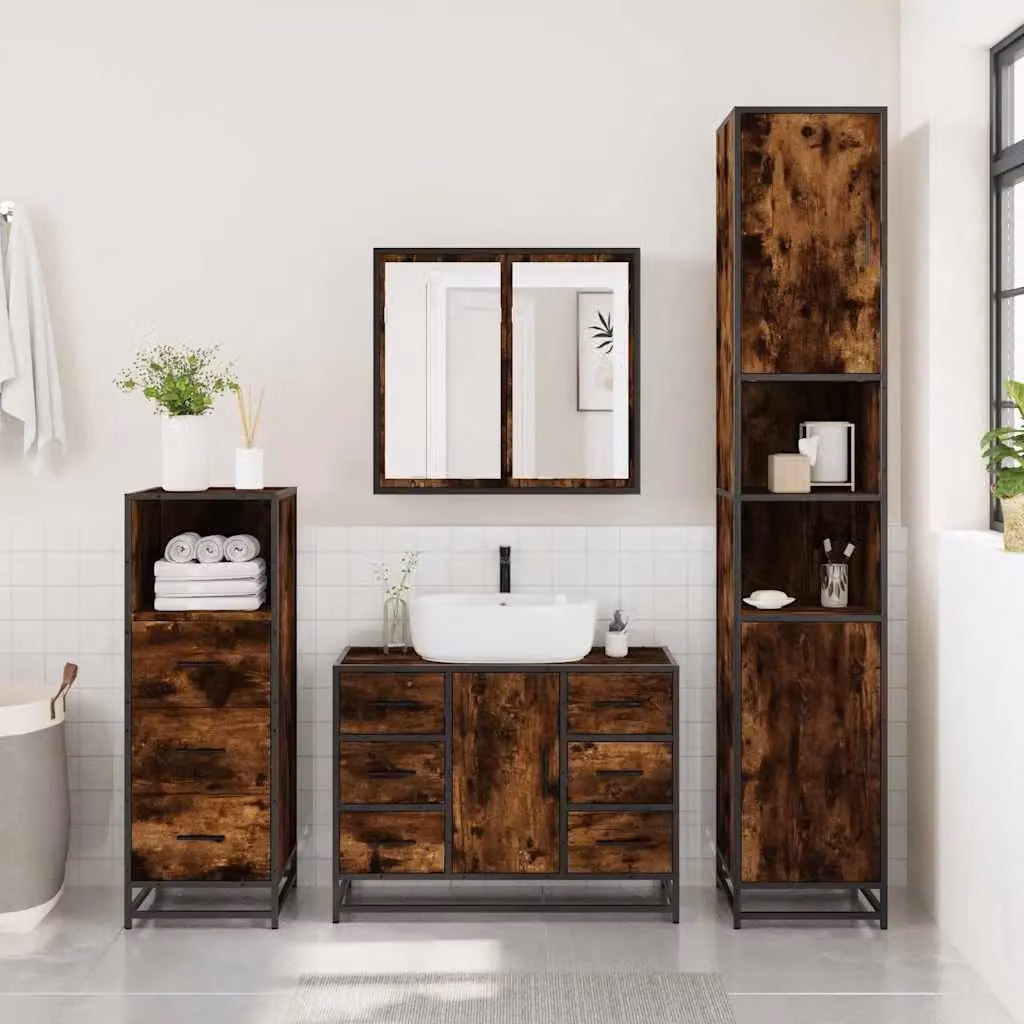 Berkfield Home 3 Piece Industrial Bathroom Furniture Set in Smoked Oak Brown – 3