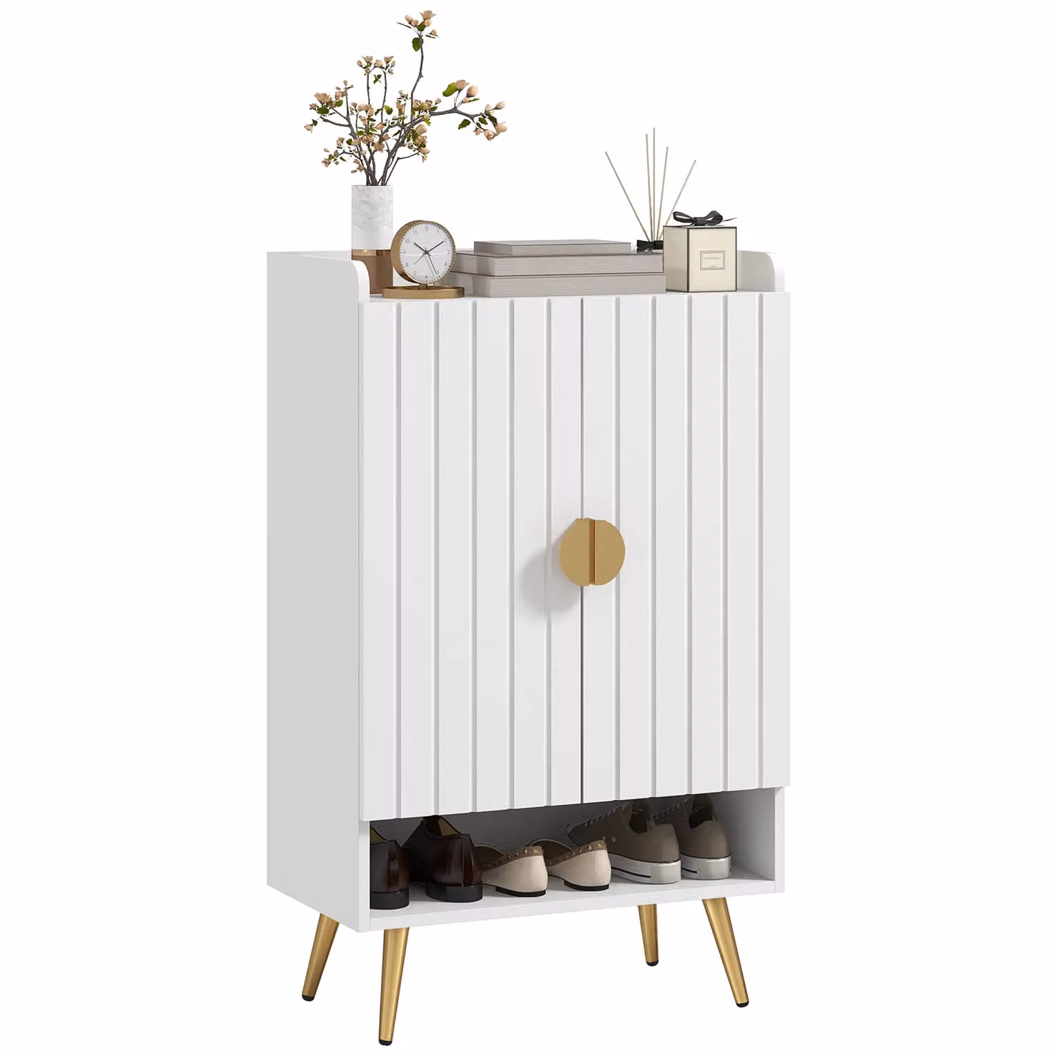 HOMCOM Modern White Hallway Shoe Cupboard with Hinged Doors and Internal Shelves – 2