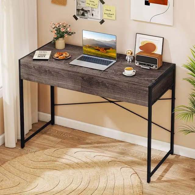 Costway Compact Computer Desk with 2 Drawers in Grey – 1