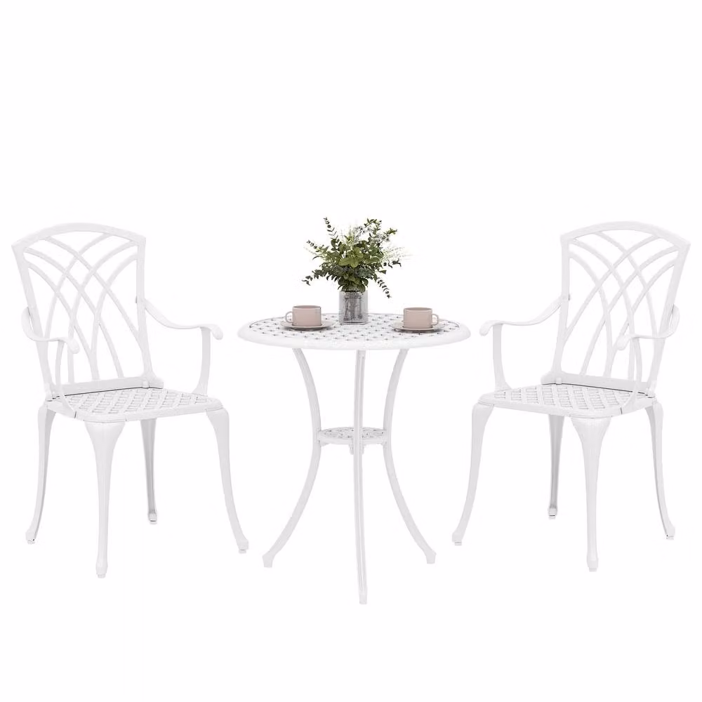 OUTSUNNY 3 Piece Garden Bistro Set with Umbrella Hole in White – 2