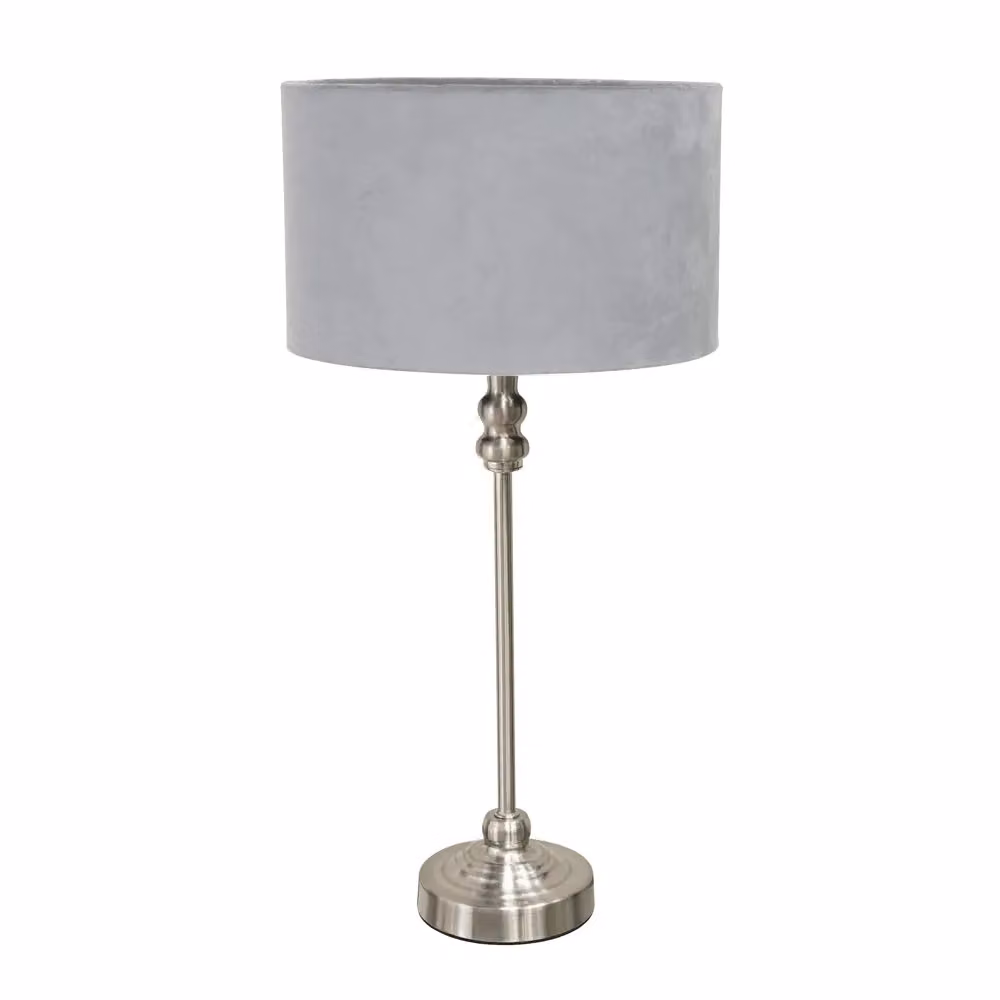 ValueLights Maggie Brushed Chrome Candlestick Table Lamp with Grey Velvet Drum Shade and LED Bulb – 2
