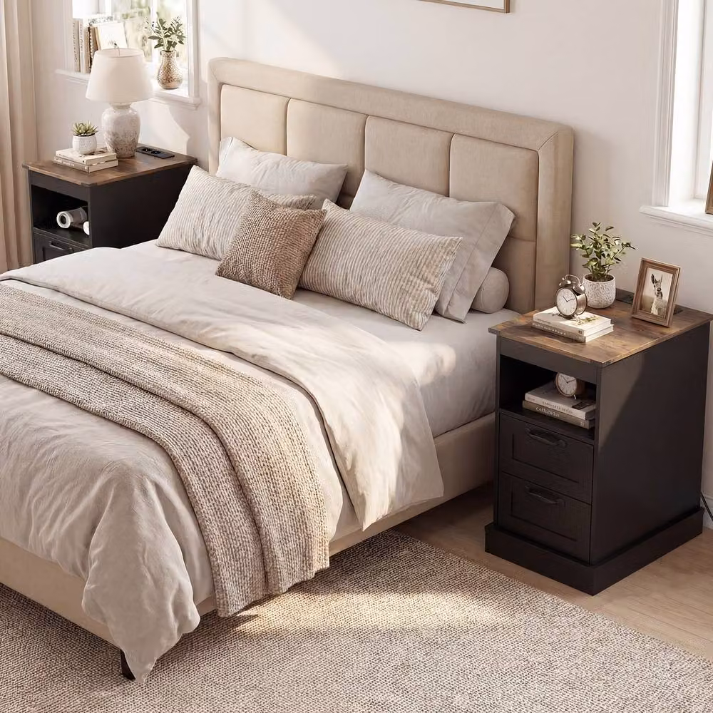 Costway Farmhouse Nightstand with Station Bedside End Table in Black – 7