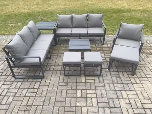 Fimous Dark Grey Aluminium Outdoor Lounge Sofa Set with Coffee Table and 3 Ottomans