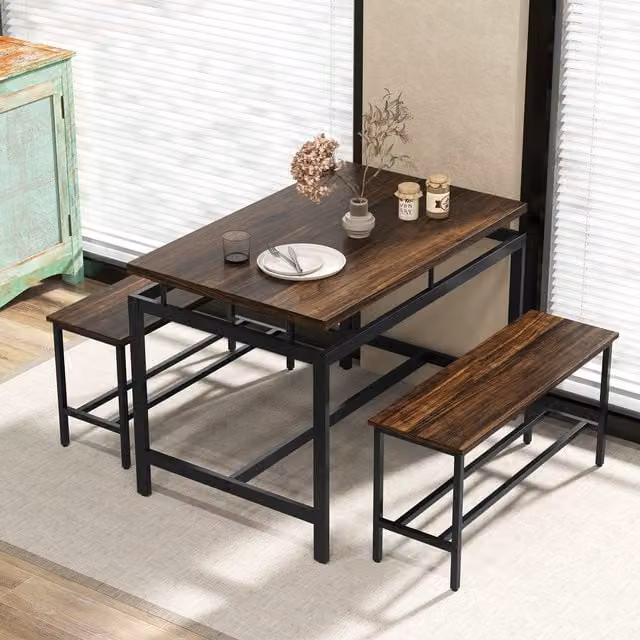 Costway 3 Piece Wooden Kitchen Dining Table Set with 2 Benches in Brown and Black – 1