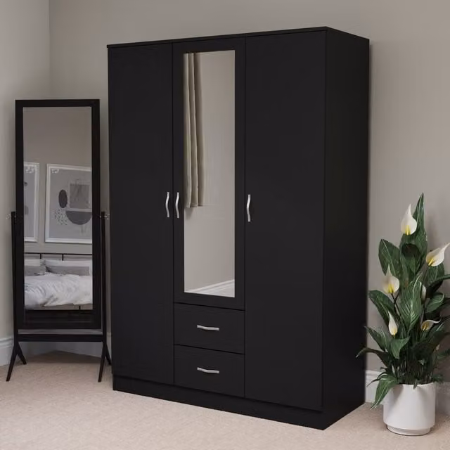 Vida Designs Riano Black Modern 3 Door 2 Drawer Mirrored Wardrobe with Internal Shelves and Hanging Rod