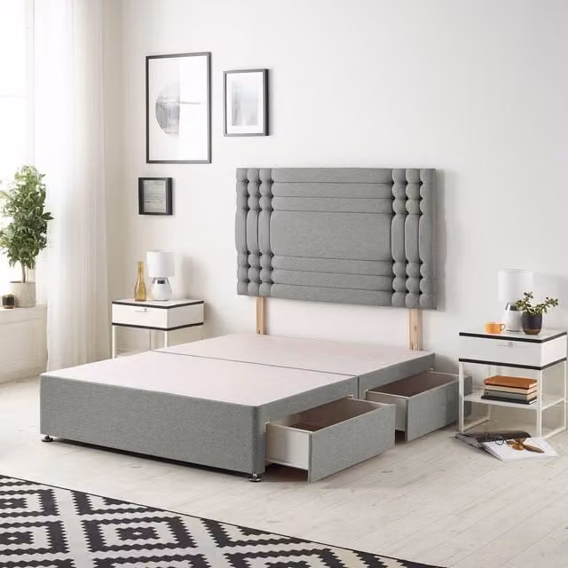 Somnior Beds Ltd Saville Double Divan Bed Base with 32 inch Headboard and Drawers in Silver Grey Linen Fabric, W/D/H: 140 x 200 cm