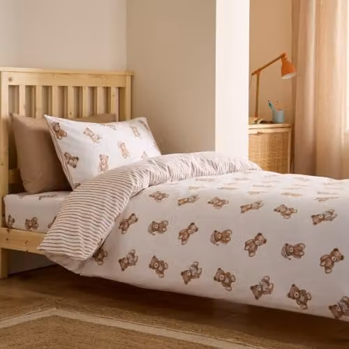 Catherine Lansfield Reversible Teddy Bear Cotton Flannelette Double Duvet Cover Set and Pillowcases in Cream