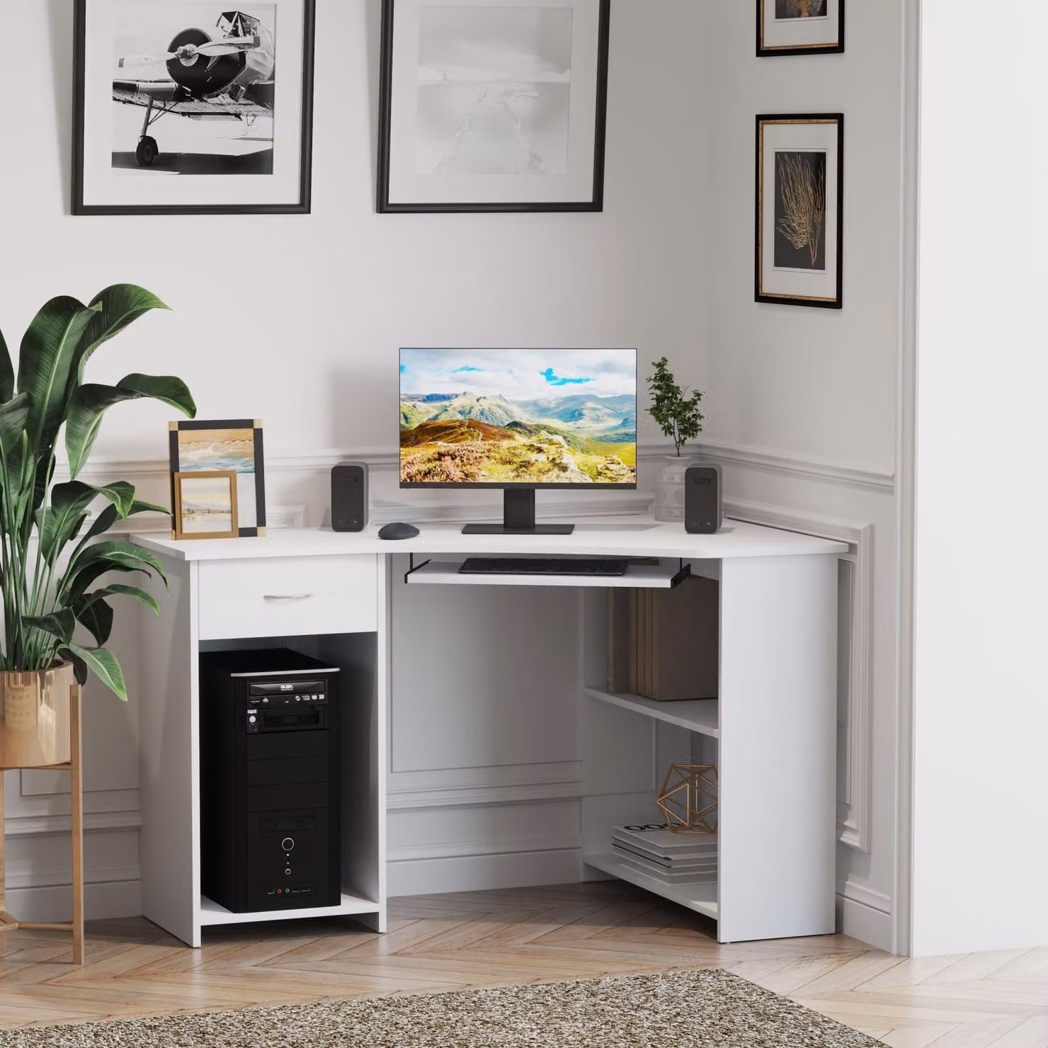 HOMCOM L-Shaped Corner Computer Desk with 2 Shelves, Keyboard Tray and CPU Stand in White – 2