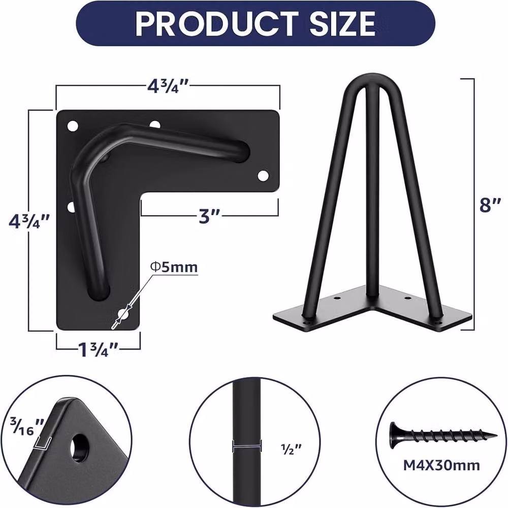 VOGREX Set of 4 Matt Black Steel Hairpin Legs for Furniture, 8 inch – 2