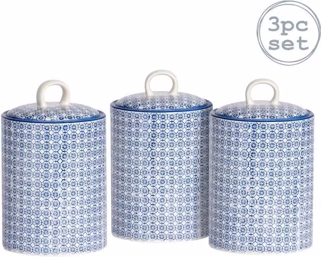 Nicola Spring Blue Geometric Ceramic Airtight Kitchen Canister Set, Pack of 3, Height: 15.6 cm