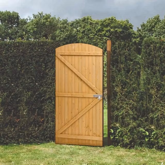 Livingandhome Brown Wooden Arch Top Garden Swing Gate, W: 90 cm, H: 210 cm
