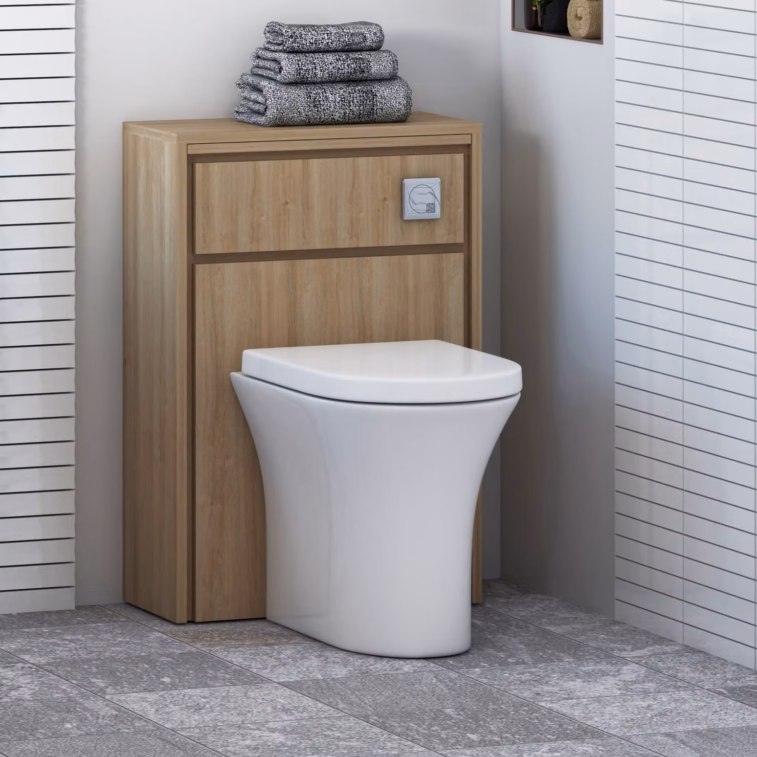 Livora Natural Oak BTW WC Unit with Breeze Rimless Ceramic Toilet Pan, Seat and Cistern, White and Brown, W: 55.5 cm