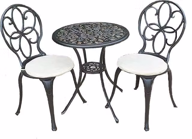 SHG Rayleigh Cast Aluminium Bistro Set with Cushions in Black, Cream and White
