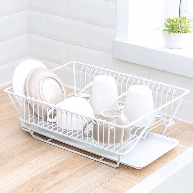 Livingandhome White Metal Wire Dish Drainer with Drip Tray and Anti-Slip Base