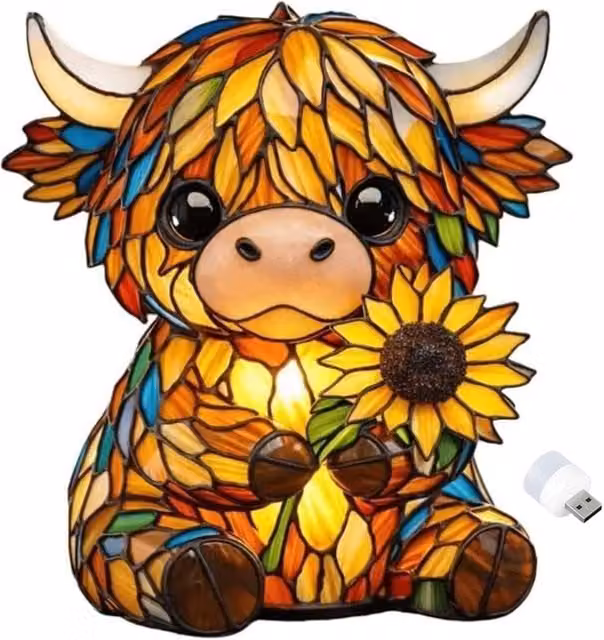 Ventryn 3D LED Highland Cow and Sunflower Night Light, Yellow and Multicolour Table Lamp – 1