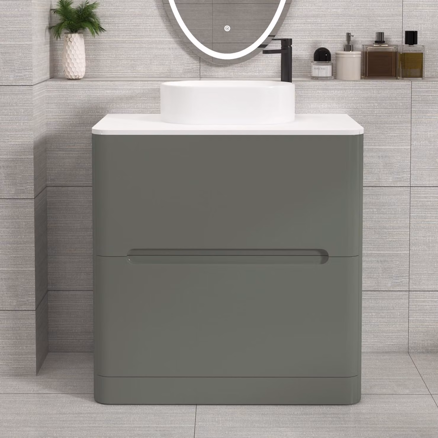 Royal Bathrooms Venice 800mm Sage Green Floor Standing Vanity Unit with 2 Drawers, Plain White Worktop and Peak Basin