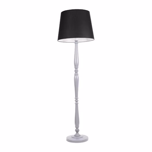 ValueLights Victoria Traditional Grey Wood Floor Lamp with Black Fabric Tapered Shade and LED Bulb