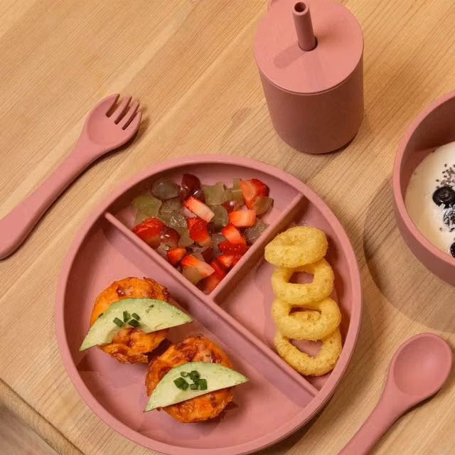 Tiny Dining Baby Silicone Suction Plate with Fork and Spoon Set in Pink