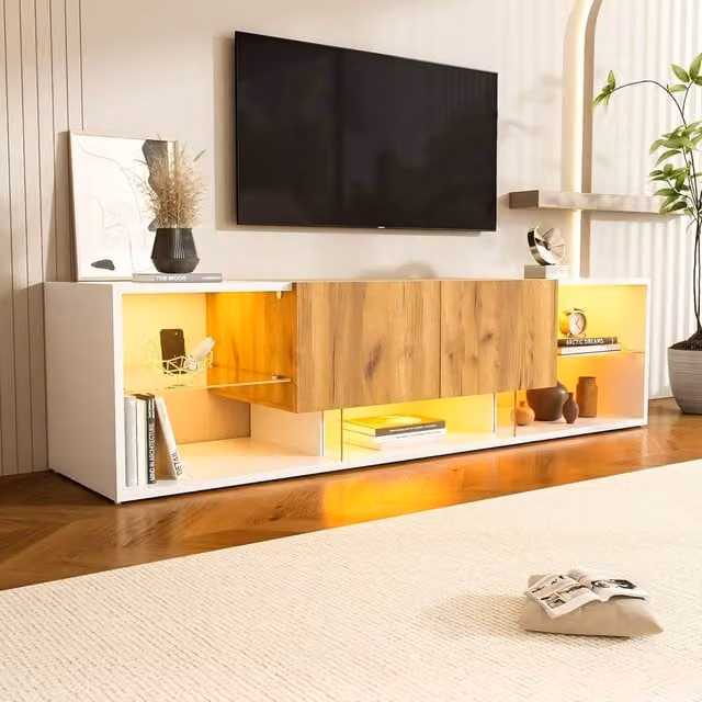 ModernLuxe Modern TV Cabinet with LED Light, 2 Drawers and 5 Open Shelves, White and Multicolour, W: 160 cm, D: 40 cm, H: 42 cm – 1