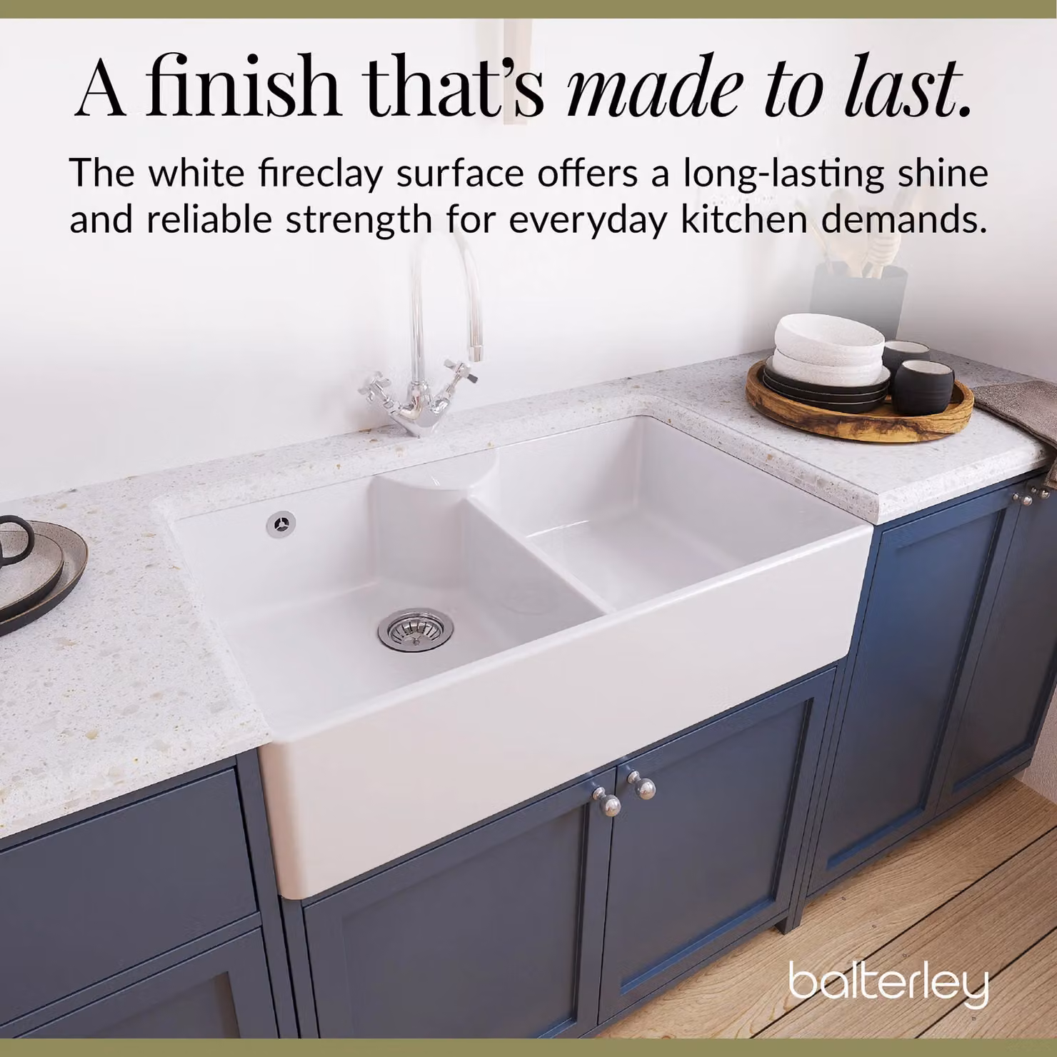 Balterley White Ceramic Double Bowl Butler Sink with Tap and Waste, W: 89.5 cm – 3
