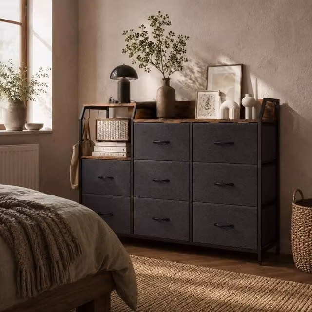 Wyld Haus 8 Drawer Industrial Metal and Wood Storage Chest with Integrated Charging Station in Brown and Black – 1