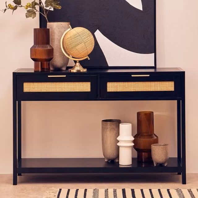 Orsina Rustic Black Wood Console Table with Drawers W/D/H: 116 x 38 x 76 cm