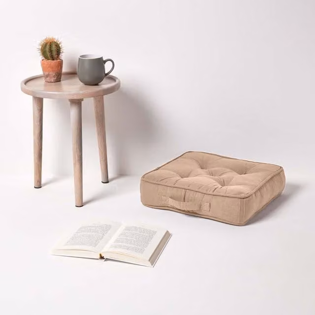 Homescapes Rajput Ribbed Cotton Square Floor Cushion in Beige and Brown