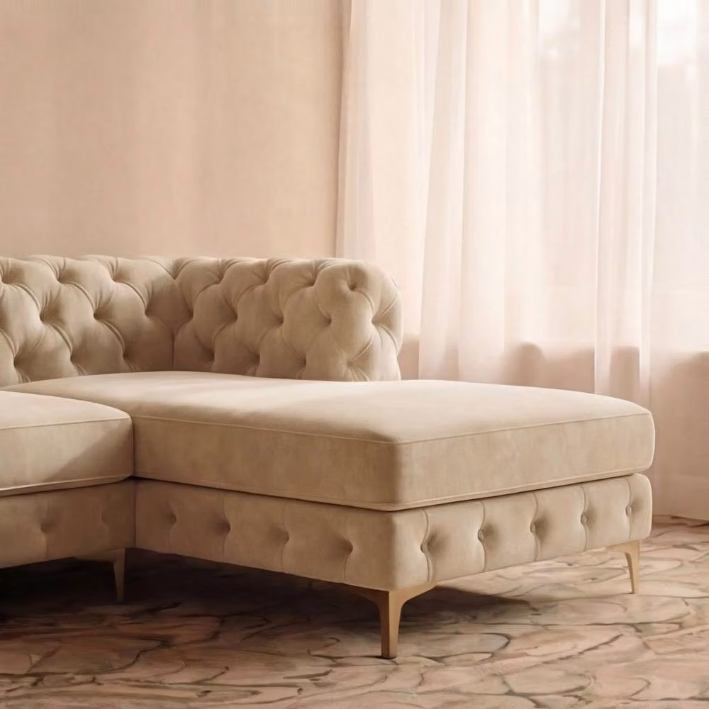 Sofaya Monaco Chesterfield 4 Seater L Shaped Chaise Sofa in Cream Velvet Right Hand Facing – 2