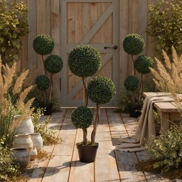 Wyld Haus Dark Green Artificial Boxwood Three Ball Topiary in Weighted Black Pot