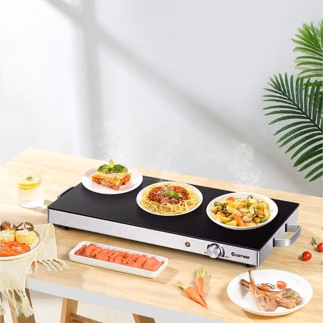 COSTWAY Electric Warming Tray Food Warmer Plate in Black with Glass and Stainless Steel