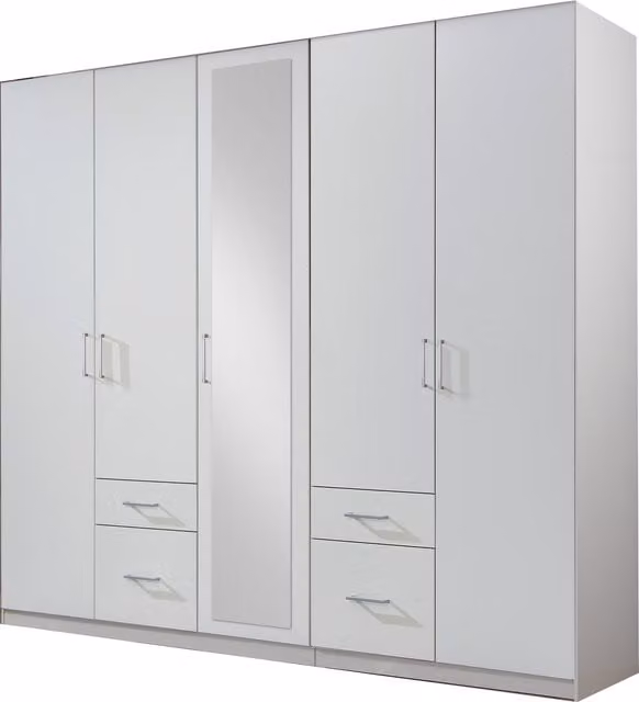 TJS Modern White Wardrobe with 5 Mirrored Doors and 4 Drawers