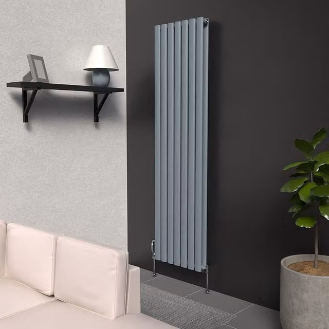 Lux Heat Oval Coloured Vertical Double Radiator in Pebble Grey, H: 160 cm x W: 42 cm