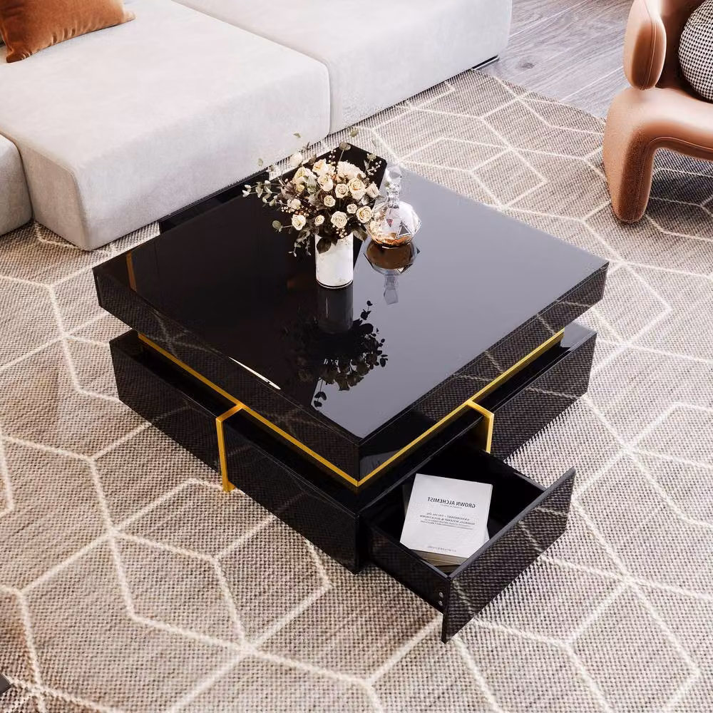 STILVORA Black and Gold High Gloss Coffee Table with 2 Drawers – 4