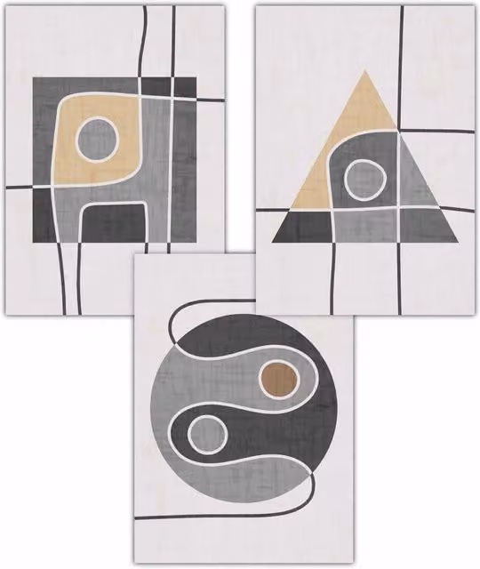 ARTZE Set of 3 Mid Century Abstract Geometric Graphic Paper Posters in Grey, Yellow and Black, W: 30 cm, H: 42 cm