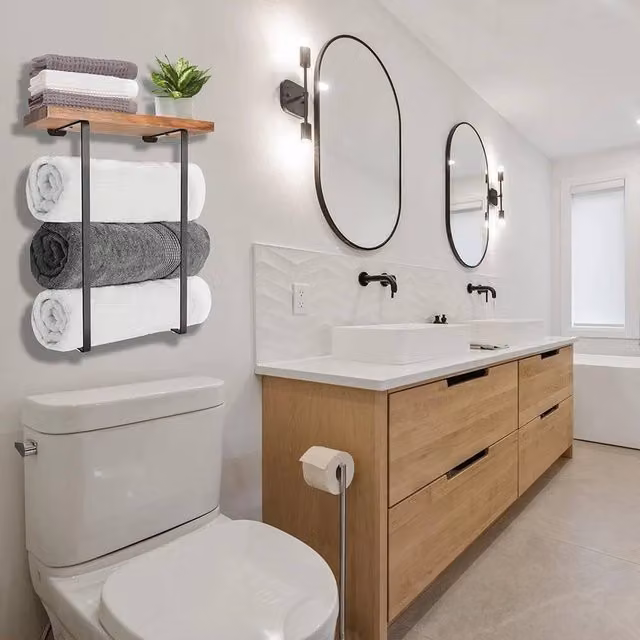 KORVIXA Wall Mounted Brown Wood Bathroom Towel Rack, W: 70 cm, H: 75 cm